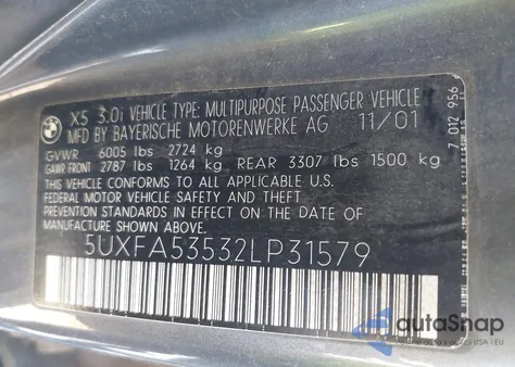 2002 BMW X5 3.0I z USA, uszkodzony, nr VIN 5UXFA53532LP31579